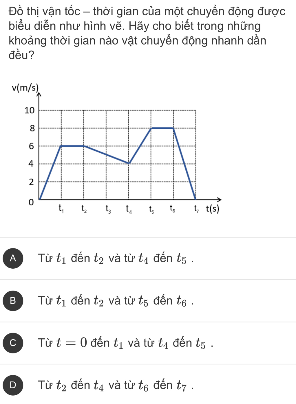 Đồ thị vận tốc - thời gian của một chuyển động được
biểu diễn như hình vẽ. Hãy cho biết trong những
khoảng thời gian nào vật chuyển động nhanh dần
đều?
A Từ t_1 đến t_2 và từ t_4 đến t_5.
B Từ t_1 đến t_2 và từ t_5 đến t_6.
C Từ t=0 đến t_1 và từ t_4 đến t_5.
D Từ t_2 đến t_4 và từ t_6 đến t_7.