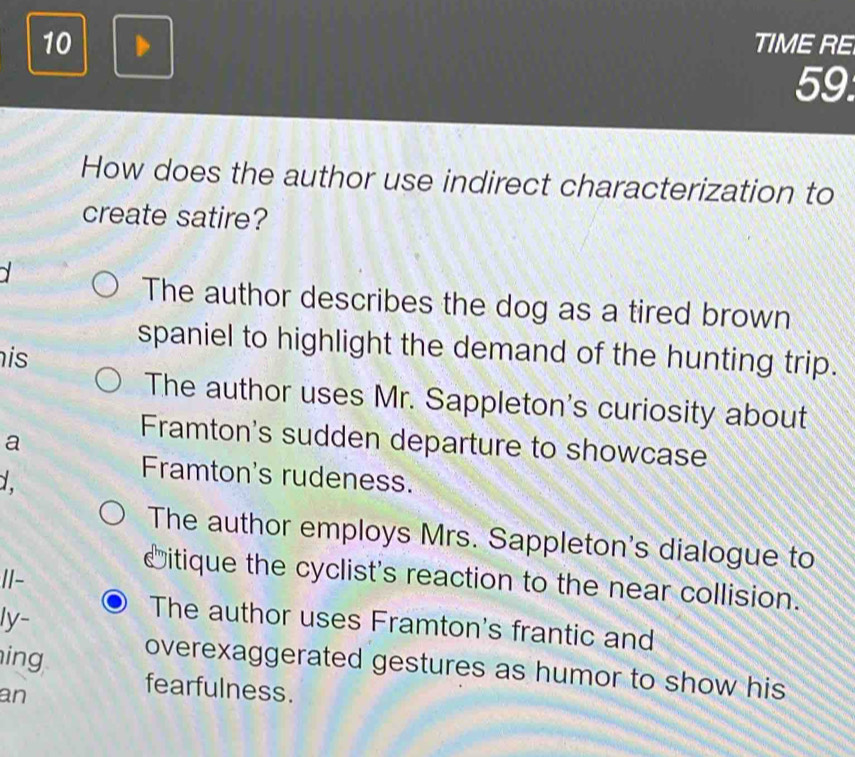 Solved: TIME RE 59. How does the author use indirect characterization ...