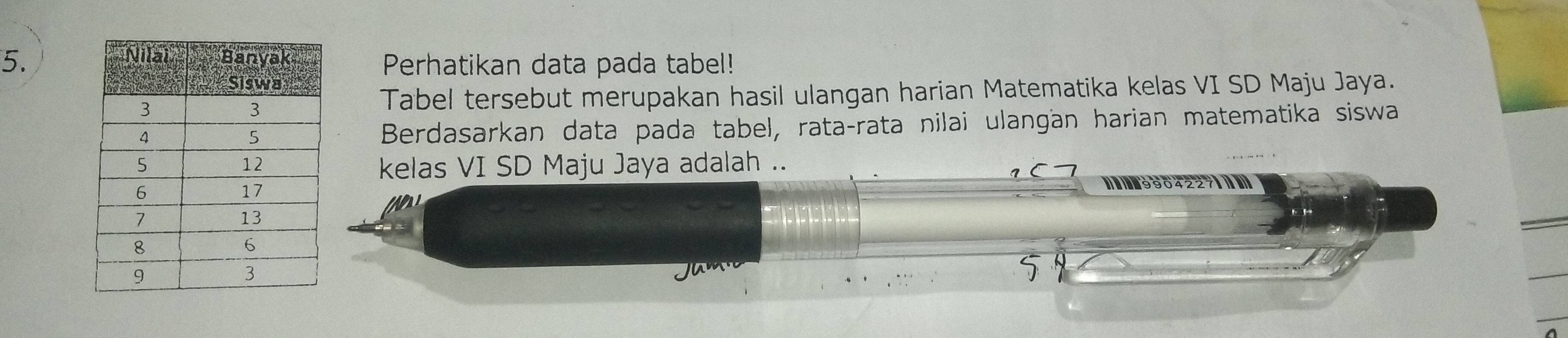 Perhatikan data pada tabel! 
Tabel tersebut merupakan hasil ulangan harian Matematika kelas VI SD Maju Jaya. 
Berdasarkan data pada tabel, rata-rata nilai ulangan harian matematika siswa 
kelas VI SD Maju Jaya adalah ..