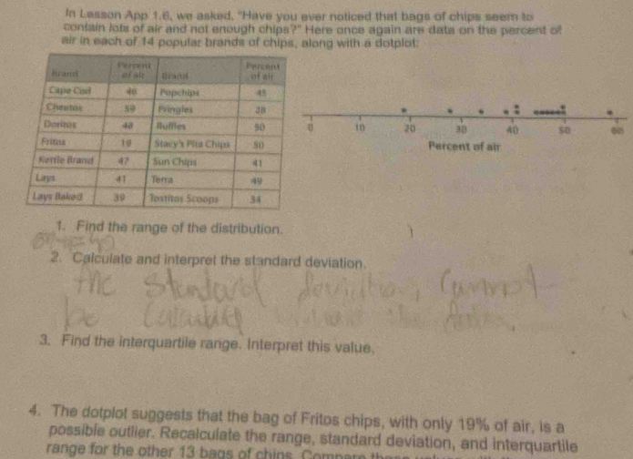 In Lasson App 1:6, we asked, "Have you ever noticed that bags of chips seem to 
contain lots of air and not enough chips?" Here once again are data on the percent of 
air in each of 14 popular brands of chips, along with a dotplot: 
u in 20 90 40 50
Percent of air 
1. Find the range of the distribution. 
2. Calculate and interpret the standard deviation. 
3. Find the interquartile range. Interpret this value. 
4. The dotplot suggests that the bag of Fritos chips, with only 19% of air, is a 
possible outlier. Recalculate the range, standard deviation, and interquartile 
range for the other 13 bags of chins. Compare th
