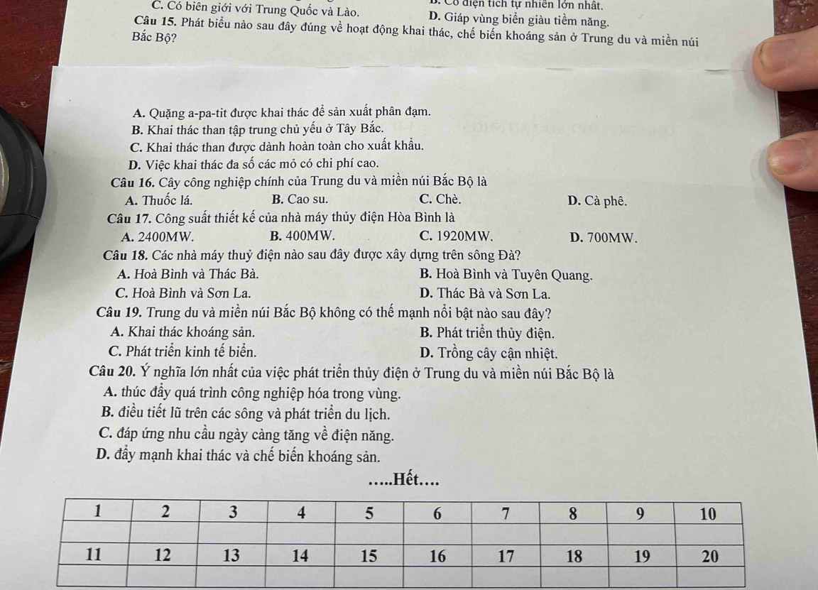 Có điện tích tự nhiên lớn nhất.
C. Có biên giới với Trung Quốc và Lào. D. Giáp vùng biển giàu tiềm năng.
Câu 15. Phát biểu nào sau đây đúng về hoạt động khai thác, chế biến khoáng sản ở Trung du và miền núi
Bắc Bộ?
A. Quặng a-pa-tit được khai thác để sản xuất phân đạm.
B. Khai thác than tập trung chủ yếu ở Tây Bắc.
C. Khai thác than được dành hoàn toàn cho xuất khẩu.
D. Việc khai thác đa số các mỏ có chi phí cao.
Câu 16. Cây công nghiệp chính của Trung du và miền núi Bắc Bộ là
A. Thuốc lá. B. Cao su. C. Chè. D. Cà phê.
Câu 17. Công suất thiết kế của nhà máy thủy điện Hòa Bình là
A. 2400MW. B. 400MW. C. 1920MW. D. 700MW.
Câu 18. Các nhà máy thuỷ điện nào sau đây được xây dựng trên sông Đà?
A. Hoà Bình và Thác Bà. B. Hoà Bình và Tuyên Quang.
C. Hoà Bình và Sơn La. D. Thác Bà và Sơn La.
Câu 19. Trung du và miền núi Bắc Bộ không có thế mạnh nổi bật nào sau đây?
A. Khai thác khoáng sản. B. Phát triển thủy điện.
C. Phát triển kinh tế biển. D. Trồng cây cận nhiệt.
Câu 20. Ý nghĩa lớn nhất của việc phát triển thủy điện ở Trung du và miền núi Bắc Bộ là
A. thúc đầy quá trình công nghiệp hóa trong vùng.
B. điều tiết lũ trên các sông và phát triển du lịch.
C. đáp ứng nhu cầu ngày càng tăng về điện năng.
D. đầy mạnh khai thác và chế biến khoáng sản.
.....Hết....