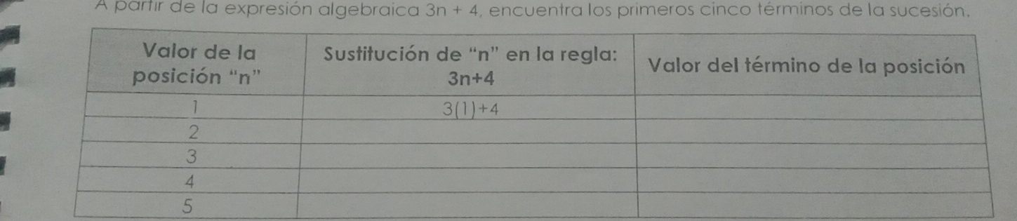 A partir de la expresión algebraica 3n+4 , encuentra los primeros cinco términos de la sucesión.