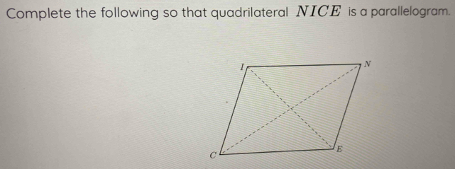 Complete the following so that quadrilateral NICE is a parallelogram.