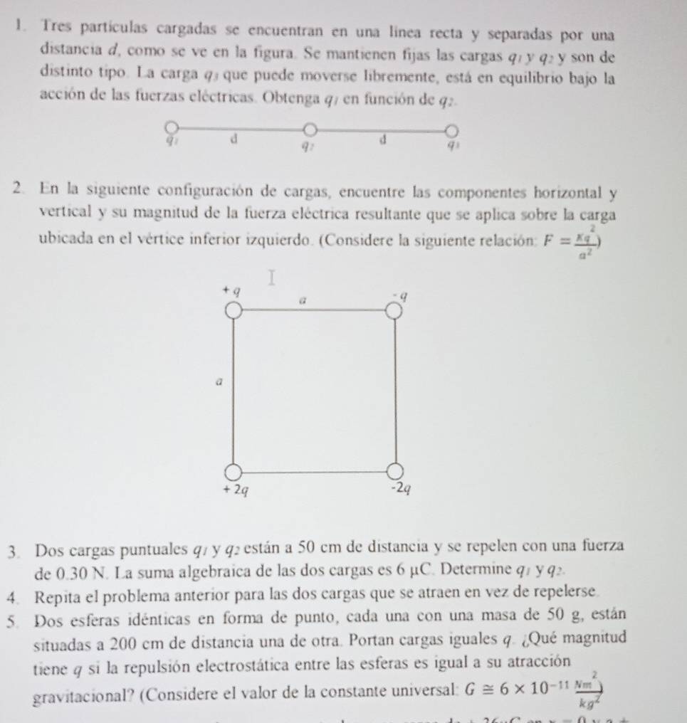 Tres partículas cargadas se encuentran en una línea recta y separadas por una 
distancia d, como se ve en la figura. Se mantienen fijas las cargas qé y q₂ y son de 
distinto tipo. La carga q3 que puede moverse libremente, está en equilibrio bajo la 
acción de las fuerzas eléctricas. Obtenga q / en función de q2. 
2. En la siguiente configuración de cargas, encuentre las componentes horizontal y 
vertical y su magnitud de la fuerza eléctrica resultante que se aplica sobre la carga 
ubicada en el vértice inferior izquierdo. (Considere la siguiente relación: F= kq^2/a^2 )
3. Dos cargas puntuales q/ y q2 están a 50 cm de distancia y se repelen con una fuerza 
de 0.30 N. La suma algebraica de las dos cargas es 6 µC. Determine q1 y q2. 
4. Repita el problema anterior para las dos cargas que se atraen en vez de repelerse. 
5. Dos esferas idénticas en forma de punto, cada una con una masa de 50 g, están 
situadas a 200 cm de distancia una de otra. Portan cargas iguales q. ¿Qué magnitud 
tiene q si la repulsión electrostática entre las esferas es igual a su atracción 
gravitacional? (Considere el valor de la constante universal: G≌ 6* 10^(-11) Nm^2/kg^2 