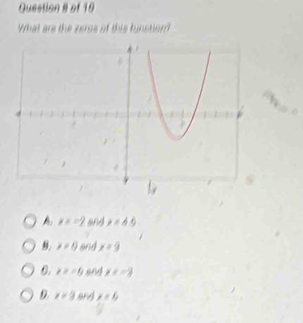 of 10
What are the zerss of this function?
y≥slant =frac 2 y≥slant △ t,
x=0 x=2
x
D x=3 o