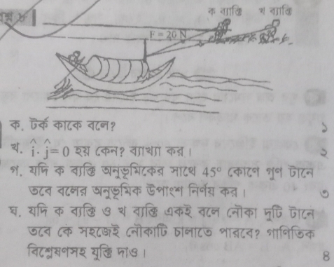 8x 
क वाखि २ वााकि
F=20N
क. ऎर्क काटक नान? 
4. widehat i· widehat j=0 श् ८कन१ वाथ क्। 
श. यषि क वाछि जनुजूभिटक् माटथ 45° ८का८न ्ृर्न जटन 
जटन तटनऩ ञनूडूशिक ऊशा१ निर्नय कत। 
घ. यमि क वाछि ७ थ वाकछि ७कर बटन ८नॊका मृषि पटन 
ज८न ८के मश८डर ८नॊकापि तालाट७ शाबटन? शानिजिक 
निटन््रखनमश यूछि जा७। 8