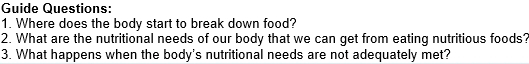 Guide Questions: 
1. Where does the body start to break down food? 
2. What are the nutritional needs of our body that we can get from eating nutritious foods? 
3. What happens when the body's nutritional needs are not adequately met?