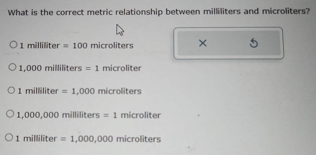 Solved: What is the correct metric relationship between milliliters and ...