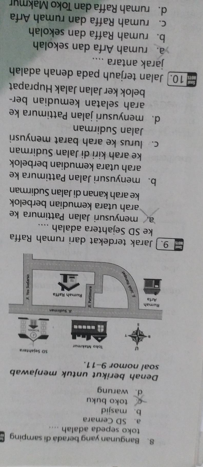 Bangunan yang berada di samping
toko sepeda adalah ....
a. SD Cemara
b. masjid
toko buku
d. warung
Denah berikut untuk menjawab
soal nomor 9-11.
9. Jarak terdekat dari rumah Raffa
ke SD Sejahtera adalah ....
a. menyusuri Jalan Pattimura ke
arah utara kemudian berbelok
ke arah kanan di Jalan Sudirman
b. menyusuri Jalan Pattimura ke
arah utara kemudian berbelok
ke arah kiri di Jalan Sudirman
c. lurus ke arah barat menyusri
Jalan Sudirman
d. menyusuri jalan Pattimura ke
arah selatan kemudian ber-
belok ker Jalan Jalak Huprapat
10.] Jalan terjauh pada denah adalah
jarak antara ....
a. rumah Arfa dan sekolah
b. rumah Raffa dan sekolah
c. rumah Raffa dan rumah Arfa
d. rumah Raffa dan Toko Makmur