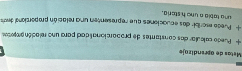 Metas de aprendizaje 
+ Puedo calcular dos constantes de proporcionalidad para una relación proporcions 
+ Puedo escribir dos ecuaciones que representen una relación proporcional descria 
una tabla o una historia.