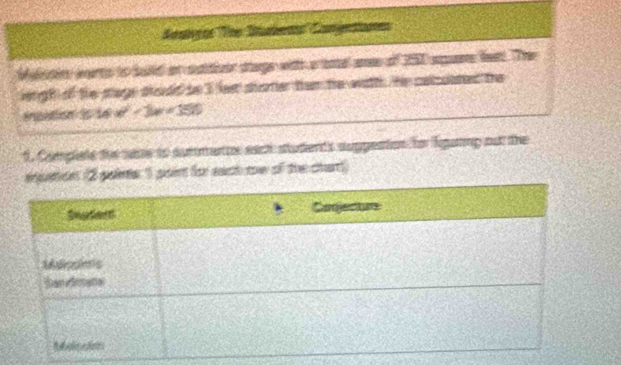 Aostgor The Büsbea Canpetian 
Mastir warts to bulld on suitioor srage with a totedl ames of 250 square lett. The 
lengh of the sage dhold be l les stoer then the with. He calcuated the 
ensation is t4 w^2-3w+350
1. Complete the sase to surmence eact students suppeation fo lguting oot the 
ptton (2 paints: I poirt for each toe of the char!)