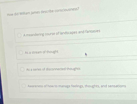 How did William James describe consciousness?
A meandering course of landscapes and fantasies
As a stream of thought
As a series of disconnected thoughts
Awareness of how to manage feelings, thoughts, and sensations