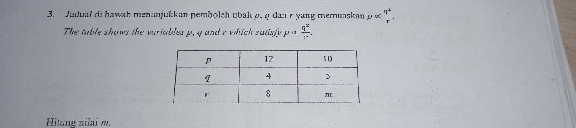 Jadual di bawah menunjukkan pemboleh ubah p, q dan r yang memuaskan palpha  q^2/r . 
The table shows the variables p, q and r which satisfy palpha  q^2/r . 
Hitung nilai m.