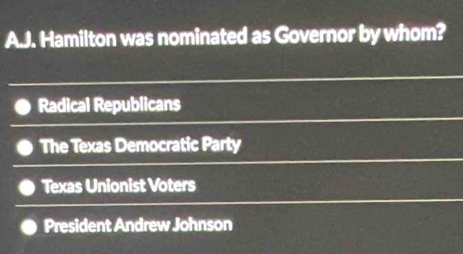 Hamilton was nominated as Governor by whom?
Radical Republicans
The Texas Democratic Party
Texas Unionist Voters
President Andrew Johnson