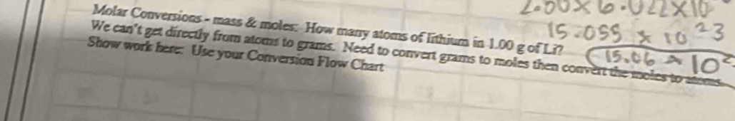 Molar Conversions - mass & moles: How many atoms of lithium in 1.00 g of Li? 
Show work here: Use your Conversion Flow Chart 
We can't get directly from atoms to grams. Need to convert grams to moles then convert the moles to alems.