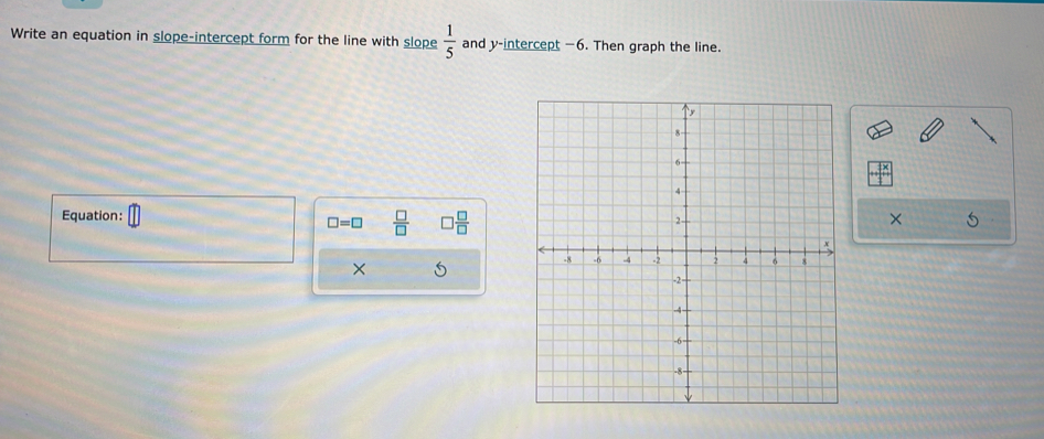 Write an equation in slope-intercept form for the line with slope  1/5  and y-intercept —6. Then graph the line. 
Equation:
□ =□  □ /□   □  □ /□  
× 
×