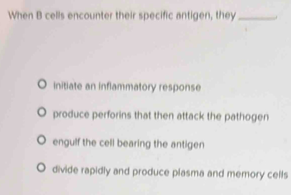 When B cells encounter their specific antigen, they_
initiate an inflammatory response
produce perforins that then attack the pathogen
engulf the cell bearing the antigen
divide rapidly and produce plasma and memory cells