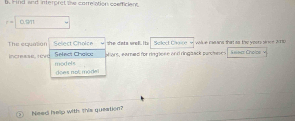 Find and interpret the correlation coefficient.
r=1 0.911
The equation Select Choice the data well. Its Select Choice value means that as the years since 2010 
increase, reve Select Choice llars, earned for ringtone and ringback purchases Select Choice 
models 
does not model 
Need help with this question?