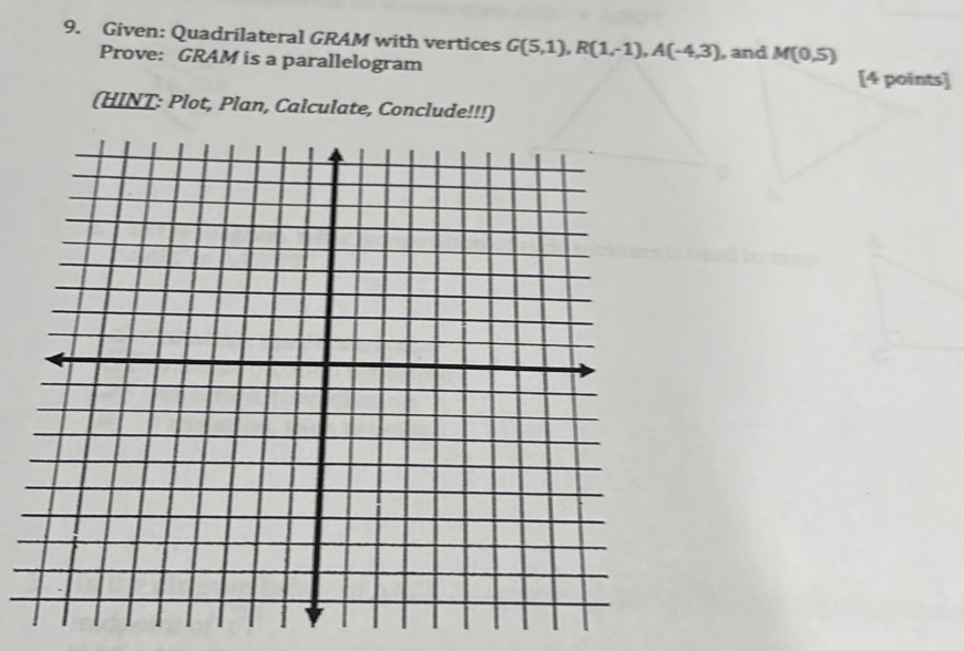 Solved: Given: Quadrilateral GRAM with vertices G(5,1), R(1,-1), A(-4,3 ...