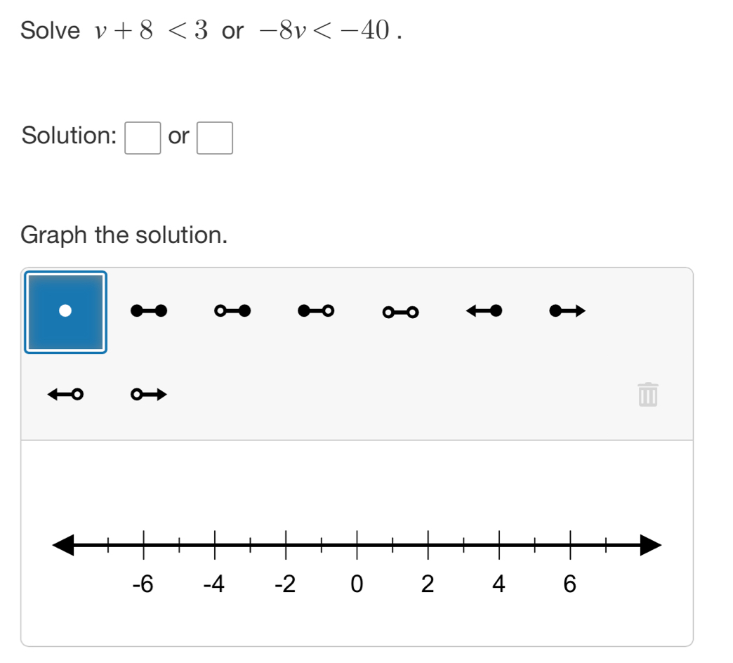 Solve v+8<3</tex> or -8v . 
Solution: □ or □ 
Graph the solution. 
. 
.