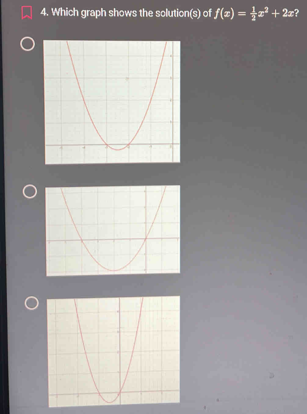 Which graph shows the solution(s) of f(x)= 1/2 x^2+2x 2