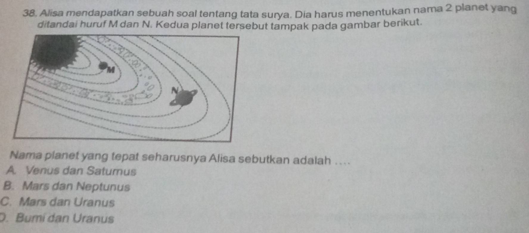 Alisa mendapatkan sebuah soal tentang tata surya. Dia harus menentukan nama 2 planet yang
ditandai huruf M dan N. Kedua planet tersebut tampak pada gambar berikut.
Nama planet yang tepat seharusnya Alisa sebutkan adalah ..
A. Venus dan Satumus
B. Mars dan Neptunus
C. Mars dan Uranus
D. Bumí dan Uranus