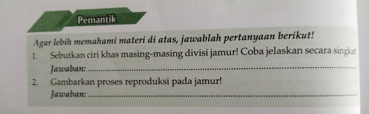 Pemantik 
Agar lebih memahami materi di atas, jawablah pertanyaan berikut! 
1. Sebutkan ciri khas masing-masing divisi jamur! Coba jelaskan secara singkat 
Jawaban:_ 
2. Gambarkan proses reproduksi pada jamur! 
Jawaban:_