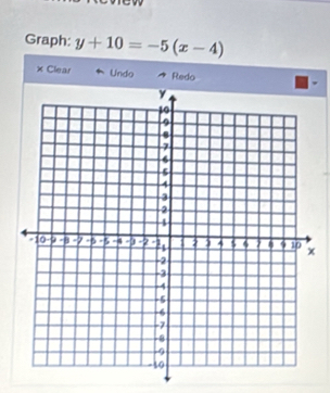 Graph: y+10=-5(x-4)
Clear Undo Redo