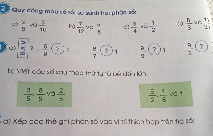 Quy đồng mẫu số rỏi so sánh hai phân số: 
a)  2/5  và  3/10  b)  7/12  và  5/6  c)  3/4  và  1/2  d)  8/3  và  11/21 
3 a) ?  5/9  ? 1  8/7  ? 1  9/9  ? ) 1  9/2  ？ 
b) Viết các số sau theo thứ tự từ bé đến lớn:
 3/5 ,  8/5  và  2/5   5/2 ,  1/6  và 1
a) Xếp các thẻ ghi phân số vào vị trí thích hợp trên tia số: