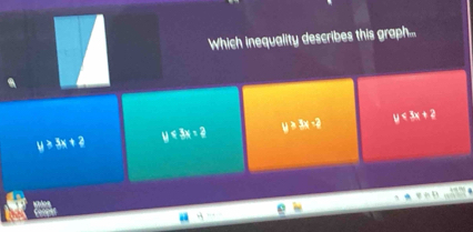 Which inequality describes this graph...
y≥slant 3x+2 y<3x+2 y>3x-2 y<3x+2
o i