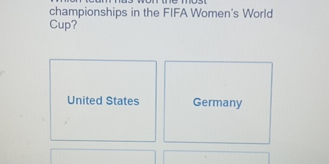 championships in the FIFA Women's World
Cup?
United States Germany