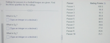 Ratings for passers in a football league are given. Find 
the three quartiles for the ratings Passer 1 Passer Rating Points = 
Passer 2 100.5
95.8
Passer 3
What is Q_1? Passer 4 85.8 93.3
(Type an integer or a decimal ) Passer 6 Passer 5 80.6 82.8
What is Q_2 7 Passer 7 7B.8
(Type an integer or a decimal' Passer 8 77.4
Passer 9
What is Q_3 7 Passer 10 75 1 76.9
(Type an integer or a decimal.)