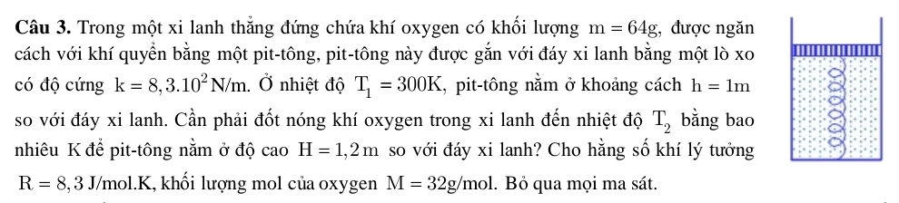 Trong một xi lanh thắng đứng chứa khí oxygen có khối lượng m=64g , được ngăn 
cách với khí quyển bằng một pit-tông, pit-tông này được gắn với đáy xi lanh bằng một lò xo 
có độ cứng k=8,3.10^2N/m Ở nhiệt độ T_1=300K I, pit-tông nằm ở khoảng cách h=1m
so với đáy xi lanh. Cần phải đốt nóng khí oxygen trong xi lanh đến nhiệt độ T_2 bằng bao 
nhiêu K để pit-tông nằm ở độ cao H=1,2m so với đáy xi lanh? Cho hằng số khí lý tưởng
R=8, 3 - /mol.K, khối lượng mol của oxygen M=32g/mol. Bỏ qua mọi ma sát.