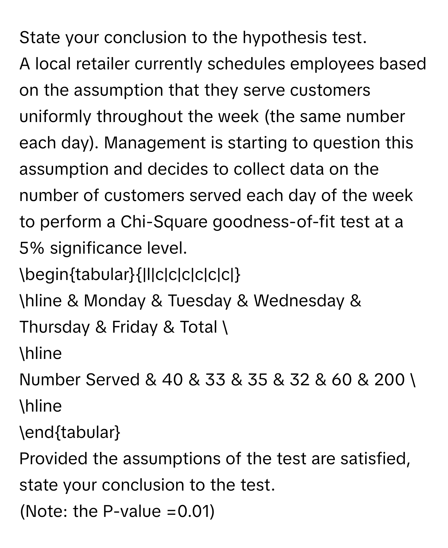 State your conclusion to the hypothesis test. 
A local retailer currently schedules employees based on the assumption that they serve customers uniformly throughout the week (the same number each day). Management is starting to question this assumption and decides to collect data on the number of customers served each day of the week to perform a Chi-Square goodness-of-fit test at a 5% significance level. 
begintabular|l|c|c|c|c|c|c| 
hline & Monday & Tuesday & Wednesday & Thursday & Friday & Total  
hline 
Number Served & 40 & 33 & 35 & 32 & 60 & 200  
hline 
endtabular 
Provided the assumptions of the test are satisfied, state your conclusion to the test. 
(Note: the P-value =0.01)