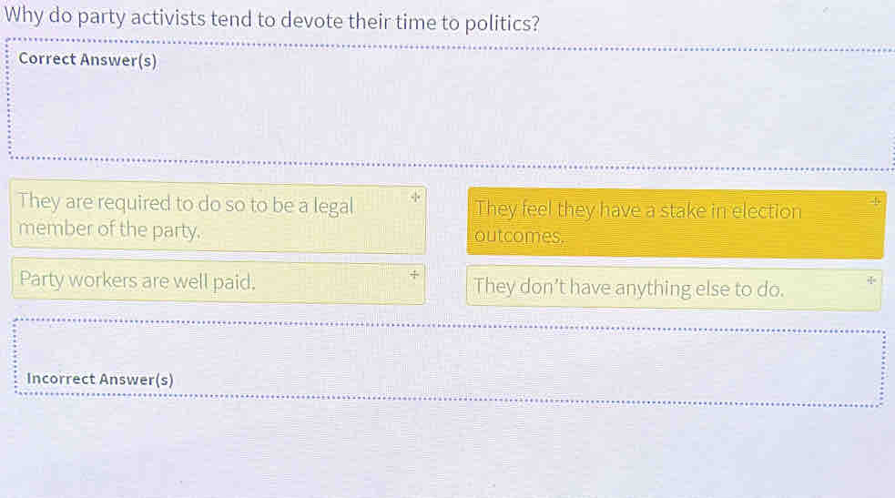 Why do party activists tend to devote their time to politics?
Correct Answer(s)
They are required to do so to be a legal They feel they have a stake in election
member of the party. outcomes.
Party workers are well paid. They don’t have anything else to do. +I=
Incorrect Answer(s)