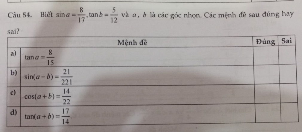 Biết sin a= 8/17 ,tan b= 5/12  và α , b là các góc nhọn. Các mệnh đề sau đúng hay