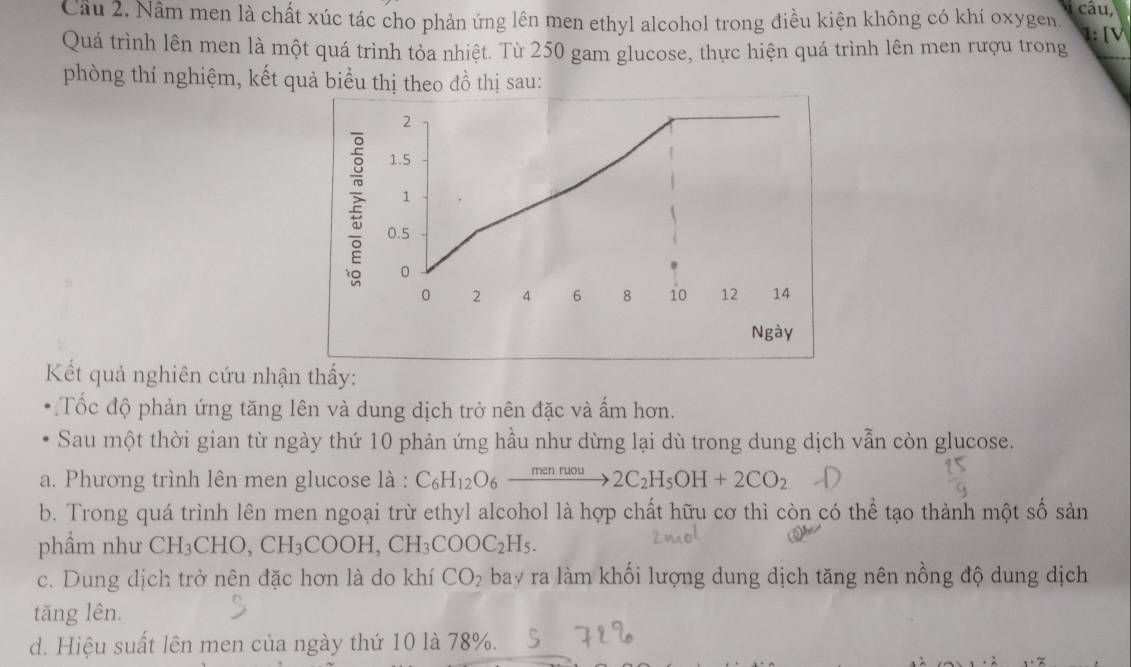 Nâm men là chất xúc tác cho phản ứng lên men ethyl alcohol trong điều kiện không có khí oxygen. câu, 
Quá trình lên men là một quá trình tỏa nhiệt. Từ 250 gam glucose, thực hiện quá trình lên men rượu trong
phòng thí nghiệm, kết quả biểu thị theo đồ thị sau:
2
1.5
1
0.5
0
0 2 4 6 8 10 12 14
Ngày
Kết quả nghiên cứu nhận thấy:
Tốc độ phản ứng tăng lên và dung dịch trở nên đặc và ấm hơn.
Sau một thời gian từ ngày thứ 10 phản ứng hầu như dừng lại dù trong dung dịch vẫn còn glucose.
a. Phương trình lên men glucose là : C_6H_12O_6xrightarrow menruou2C_2H_5OH+2CO_2
b. Trong quá trình lên men ngoại trừ ethyl alcohol là hợp chất hữu cơ thì còn có thể tạo thành một số sản
phẩm như CH_3CHO, CH_3COOH, CH_3COOC_2H_5.
c. Dung dịch trở nên đặc hơn là do khí CO_2 bay ra làm khối lượng dung dịch tăng nên nồng độ dung dịch
tăng lên.
d. Hiệu suất lên men của ngày thứ 10 là 78%.