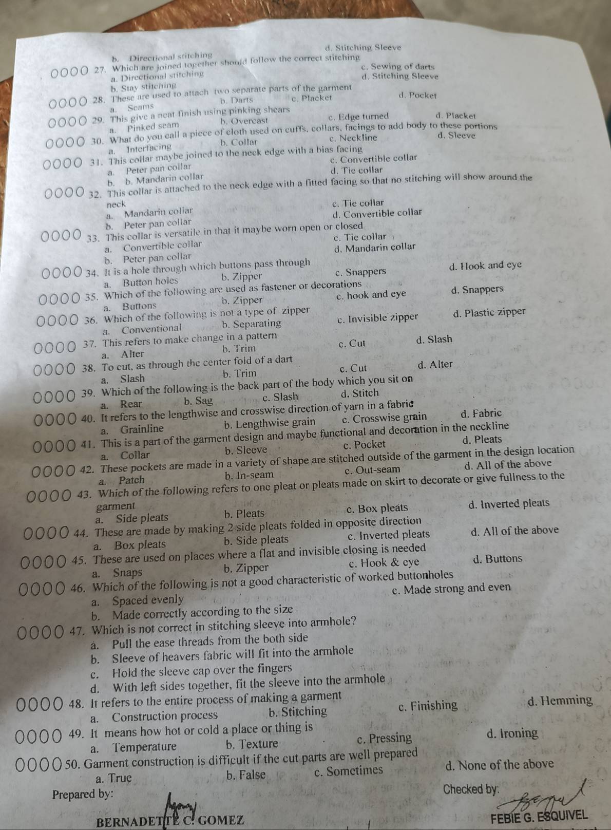 d. Stitching Sleeve
b. Directional stitching
27. Which are joined together should follow the correct stitching c. Sewing of darts
a. Directional stitching d. Stitching Sleeve
b. Stay stitching
) 28. These are used to attach two separate parts of the garment
b. Darts c. Placket d. Pocket
a. Seams
) 29. This give a neat finish using pinking shears
a. Pinked seam b. Overcast c. Edge turned d. Placket
30. What de you call a piece of cloth used on cuffs, collars, facings to add body to these portions
a. Interfacing b. Collar
c. Neckline d. Sleeve
31. This collar maybe joined to the neck edge with a bias facing
a. Peter pan collar c. Convertible collar
b. b. Mandarin collar d. Tie collar
32. This collar is attached to the neck edge with a fitted facing so that no stitching will show around the
neck c. Tie collar
a. Mandarin collar
b. Peter pan collar d. Convertible collar
33. This collar is versatile in that it maybe worn open or closed
c. Tie collar
a. Convertible collar
b. Peter pan collar d. Mandarin collar
34. It is a hole through which buttons pass through
c. Snappers d. Hook and eye
a. Button holes b. Zipper
35. Which of the following are used as fastener or decorations d. Snappers
a. Buttons b. Zipper c. hook and eye
36. Which of the following is not a type of zipper
a. Conventional b. Separating c. Invisible zipper d. Plastic zipper
37. This refers to make change in a pattern d. Slash
b. Trim c. Cut
a. Alter
38. To cut, as through the center fold of a dart
a. Slash b. Trim c. Cut d. Alter
39. Which of the following is the back part of the body which you sit on
a. Rear b. Sag c. Slash d. Stitch
40. It refers to the lengthwise and crosswise direction of yarn in a fabric
a. Grainline b. Lengthwise grain c. Crosswise grain d. Fabric
41. This is a part of the garment design and maybe functional and decoration in the neckline
a. Collar b. Sleeve c. Pocket d. Pleats
42. These pockets are made in a variety of shape are stitched outside of the garment in the design location
a. Patch b. In-seam c. Out-seam d. All of the above
43. Which of the following refers to one pleat or pleats made on skirt to decorate or give fullness to the
garment
a. Side pleats b. Pleats c. Box pleats d. Inverted pleats
44. These are made by making 2 side pleats folded in opposite direction
a. Box pleats b. Side pleats c. Inverted pleats d. All of the above
45. These are used on places where a flat and invisible closing is needed
a. Snaps b. Zipper c. Hook & eye d. Buttons
46. Which of the following is not a good characteristic of worked buttonholes
a. Spaced evenly c. Made strong and even
b. Made correctly according to the size
47. Which is not correct in stitching sleeve into armhole?
a. Pull the ease threads from the both side
b. Sleeve of heavers fabric will fit into the armhole
c. Hold the sleeve cap over the fingers
d. With left sides together, fit the sleeve into the armhole
48. It refers to the entire process of making a garment
a. Construction process b. Stitching c. Finishing
d. Hemming
49. It means how hot or cold a place or thing is d. Ironing
a. Temperature b. Texture
c. Pressing
50. Garment construction is difficult if the cut parts are well prepared
a. True b. False c. Sometimes d. None of the above
Prepared by: Checked by:
BERNADETTE C GOMEZ
FEBIE G. ESQUIVEL