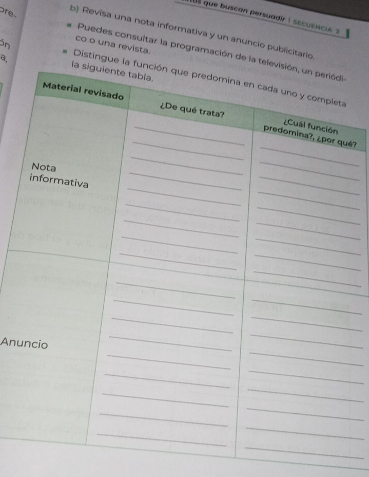 os que buscan persuadir| sEcUEnci 2 
b) Revisa una nota informativa y un anuncio publicitario 
ón 
co o una revista. 
re Puedes consultar la programación de la t 
a. 
Distingue l 
é? 
Anu