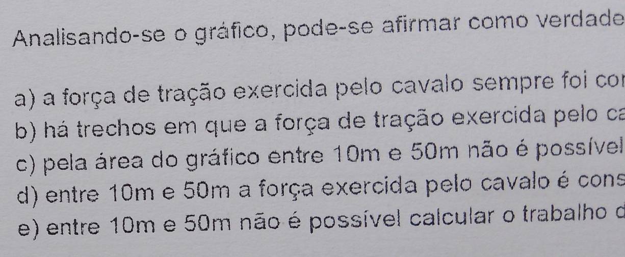 Analisando-se o gráfico, pode-se afirmar como verdade
a) a força de tração exercida pelo cavalo sempre foi com
b) há trechos em que a força de tração exercida pelo ca
c) pela área do gráfico entre 10m e 50m não é possível
d) entre 10m e 50m a força exercida pelo cavalo é cons
e) entre 10m e 50m não é possível calcular o trabalho o