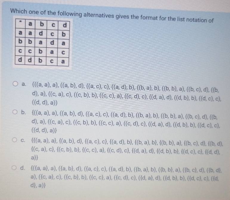 Which one of the following alternatives gives the format for the list notation of
a. (((a,a),a),((a,b),d),((a,c),c),((a,d),b),((b,a),b),((b,b),a),((b,c),d),((b,
d),a),((c,a),c),((c,b),b),((c,c),a),((c,d),c),((d,a),d),((d,b),b),((d,c),c),
((d,d),a))
b.  ((a,a),a),((a,b),d),((a,c),c),((a,d),b),((b,a),b),((b,b),a),((b,c),d),((b,
d),a),((c,a),c),((c,b),b),((c,c),a),((c,d),c),((d,a),d),((d,b),b),((d,c),c),
((d,d),a)
C.   (a,a),a , (a,b),d , (a,c),c , (a,d),b , (b,a),b , (b,b),a , (b,c),d , (b,d),
 (c,a),c , (c,b),b , (c,c),a , (c,d),c , (d,a),d , (d,b),b , (d,c),c , (d,d),
a
d.  ( a,a ,a),( a,b ,d),( a,c ,c),( a,d ,b),( b,a ,b),( b,b ,a),( b,c ,d),( b,d ,
a),( c,a ,c),( c,b ,b),( c,c ,a),( c,d ,c),( d,a ,d),( d,b ,b),( d,c ,c),( d,
d ,a)