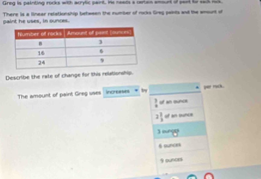 Greg is painting rocks with acrylic paint. He neets a cnte amount of pant fr each mck.
There is a linear relationship between the number of racks Greg paints and the amount of
paint he uses, in ounces.
Describe the rate of change for this reletionship.
The amount of paint Greg uses increeses by per rack.
 3/4  of a ounce
2 3/3  of an sunce
3 ouogs
é sunces
9 gunces