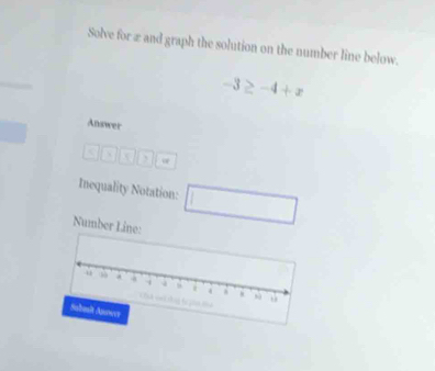 Solve for æ and graph the solution on the number line below.
-3≥ -4+x
Answer
X
Inequality Notation: 
Number Line: