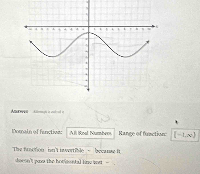 Answer ' ' Altempt 2 out of 2 
Domain of function: All Real Numbers Range of function: [-1,∈fty )
The function isn't invertible ~ because it 
doesn't pass the horizontal line test ~