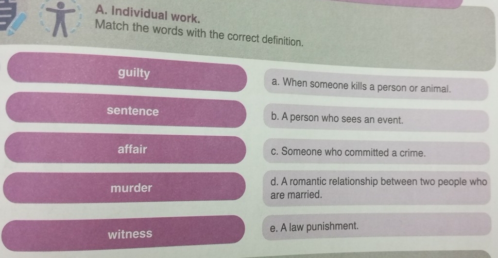 Individual work.
Match the words with the correct definition.
guilty a. When someone kills a person or animal.
sentence b. A person who sees an event.
affair c. Someone who committed a crime.
murder
d. A romantic relationship between two people who
are married.
witness e. A law punishment.