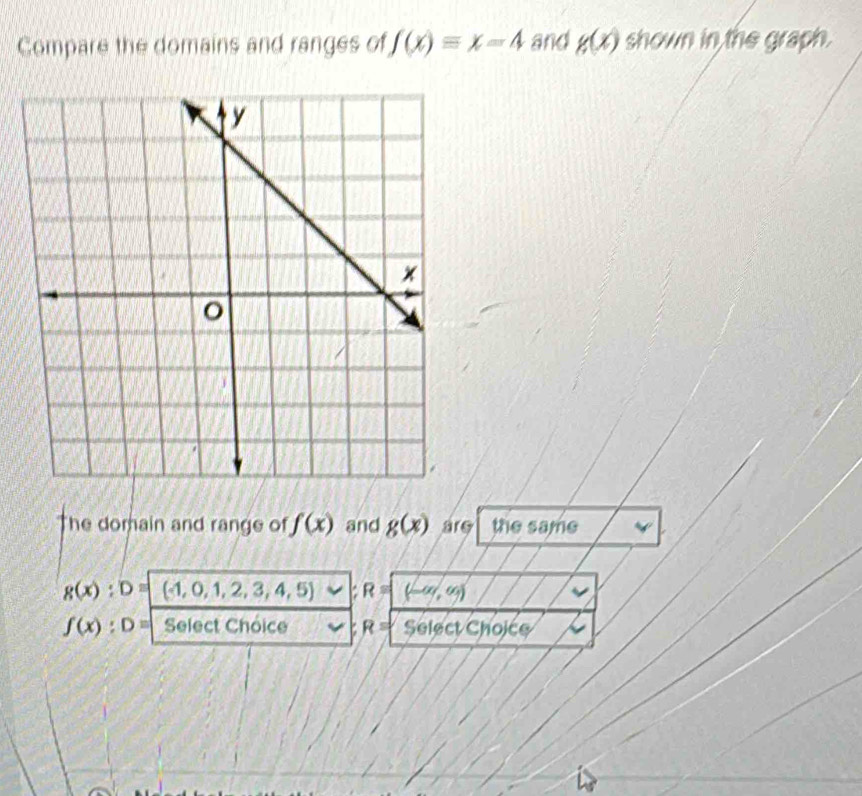 Compare the domains and ranges of f(x)equiv x-4 and g(x) shown in the graph. 
The domain and range of f(x) and g(x) are the same
g(x):D=(-1,0,1,2,3,4,5) R=| (-∈fty ,∈fty )
f(x):D= Select Choice R= Select Choice