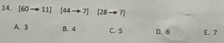 [60to 11] [44to 7] [28to ?]
A. 3 B. 4 C. 5 D. 6 E. 7