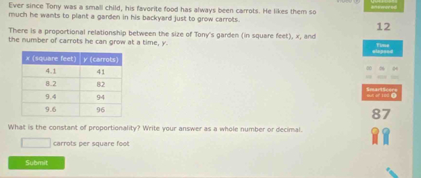 Ever since Tony was a small child, his favorite food has always been carrots. He likes them so answerec 
much he wants to plant a garden in his backyard just to grow carrots. 
12 
There is a proportional relationship between the size of Tony's garden (in square feet), x, and 
the number of carrots he can grow at a time, y. Time 
elapsed 
0 
out of 100 9 SmartScore 
7 
What is the constant of proportionality? Write your answer as a whole number or decimal. 
carrots per square foot
Submit