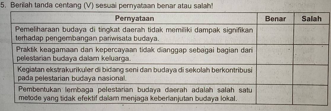 Berilah tanda centang (V) sesuai pernyataan benar atau salah!