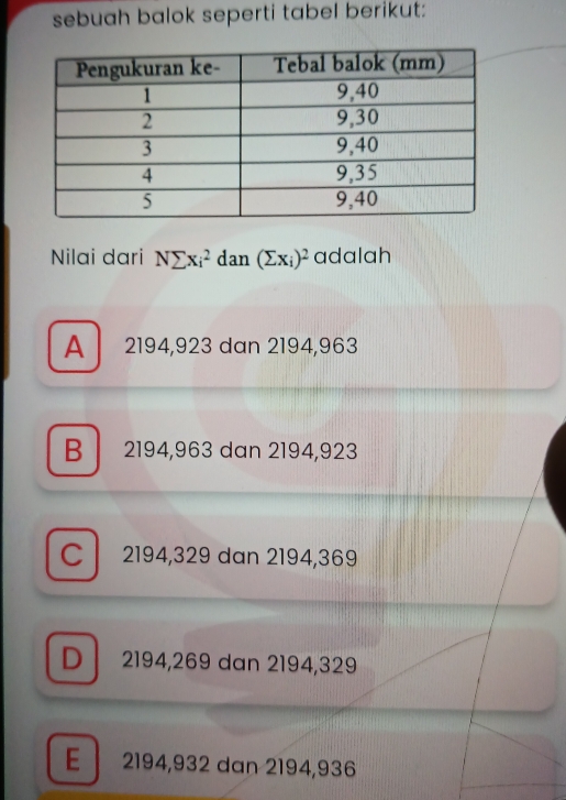 sebuah balok seperti tabel berikut:
Nilai dari Nsumlimits x_i^(2 dan (sumlimits x_i))^2 adalah
A 2194, 923 dan 2194, 963
B 2194, 963 dan 2194, 923
C 2194, 329 dan 2194, 369
D 2194, 269 dan 2194, 329
E 2194, 932 dan 2194, 936